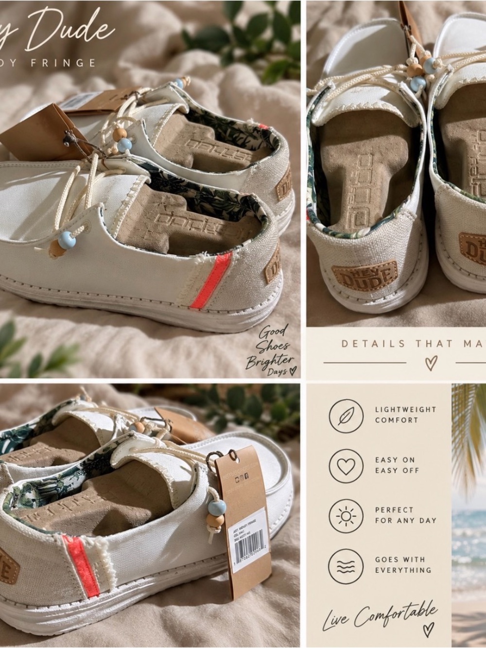 Hey Dude women’s White Canvas Sneakers with Coral Stripe